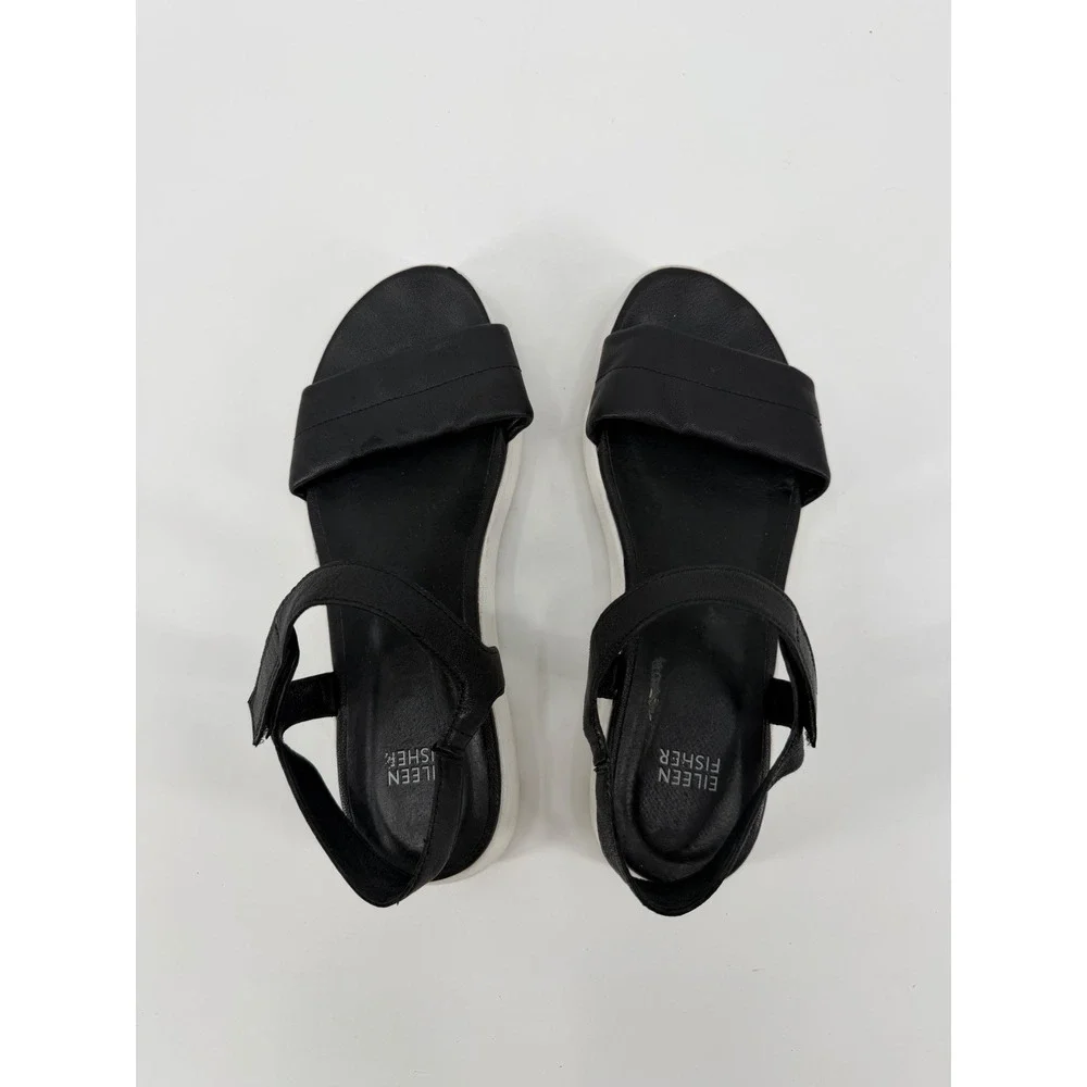 Eileen Fisher Black Leather Platform Sport Sandals Womens 8M Hook Loop Strap